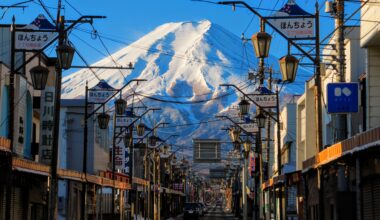 Mount Fuji looming over Fujiyoshida city, three years ago today (Yamanashi-ken)