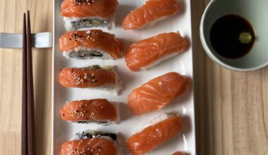 first attempt making salmon nigiri (the cuts of fish are uneven and I used a nigiri mould hehe) and a salmon, crab, cucumber and avocado roll (this was so difficult not to squish lol)