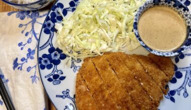 I made tonkatsu for dinner! Served with rice, shredded cabbage with sesame dressing and Bulldog tonkatsu sauce.