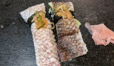 Red snapper skin and monk fish liver sushi I at in Osaka. More in comments