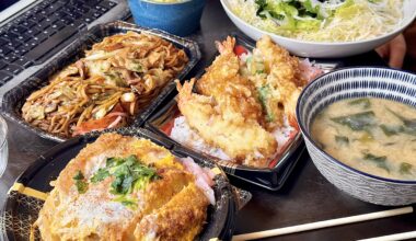 Katsudon and tendon with a side of yakisoba and miso soup