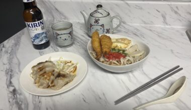 Tempura udon and gyoza I made for dinner