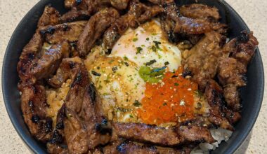 Teriyaki Inspired Beef Rice Bowl with Onsen eggs and Ikura