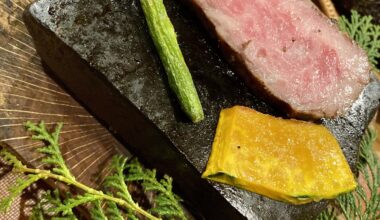 Local wagyu searing on a local volcanic rock in Yufuin, Oita.