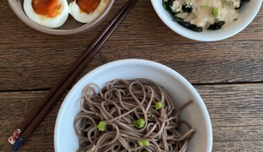 Cold soba, greens with sesame miso sauce, umeboshi, boiled egg with soy sauce