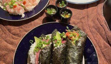 My first time making sushi at home. Definitely need work on my hand rolls 🤣