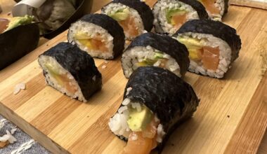 Homemade sushi night and Oscars watch party! The guests loved it, and it’s maybe my 7th or so try at homemade sushi. Made salmon nigiri that came out nice but forgot to get a pic before it was eaten.