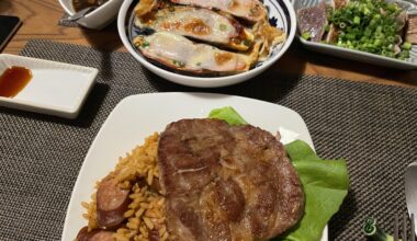 Tonteki (Japanese style pork “steak”) with fresh-seared katsuo tataki, and miso cheese grilled nasu. Oh and leftover Zatarain’s jambalaya I had my dad send me from the US. Was perfect because I forgot to make rice