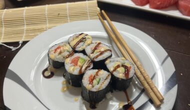 My second attempt at sushi while hosting sushi night with some friends! Smoked salmon, cucumber, and avocado