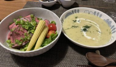 Ok maybe this is pushing it for this sub, but… roast beef don with homemade wagyu (Gunma prefecture) roast beef on saffron rice and a bowl of potato leek soup