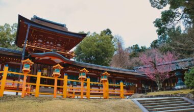 Pink starts to show up at Kasugataisha Shrine in Nara as the cherry blossom season starts [OC]