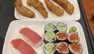 Homemade nigiri, maki, and fried panko shrimp