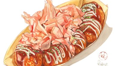 I painted some Takoyaki, one of my favorite foods from Osaka! I've always wanted to try making some myself sometime. I'll be holding a food art exhibition in Osaka (with 60 food illustrations including this one) next month, so if any of you are in the area, please come say hello!