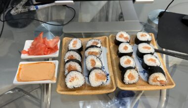 First time successfully rolling sushi on my own and last week’s nigiri (first time as well)