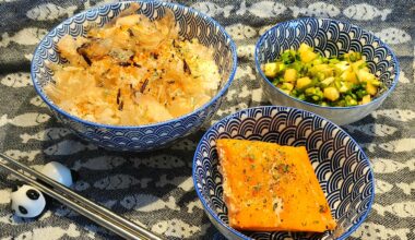 Rice, glazed salmon and turnip salad with miso dressing