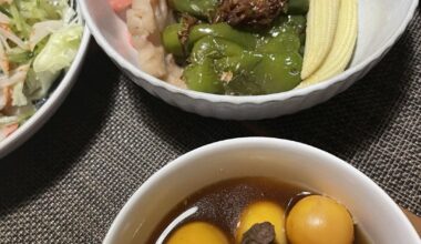 Simmered kinkan (unfertilized chicken egg taken directly from the fallopian tube—it’s like a much creamier yolk) and pressure-cooked sunagimo (gizzards I guess?)