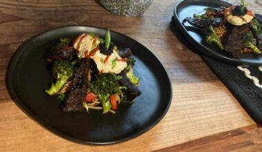 Yakitori Style Beef and Sesame Brocolli on Yakisoba Stirfry with a Soft Poached Egg and Seaweed Pearls