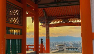 kiyomizu-dera Temple at sunset looking out over Kyoto