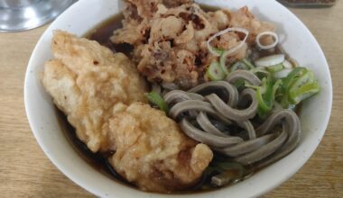 Very thick soba noodles. Chicken tempura and geso tempura（squid leg tempura）.