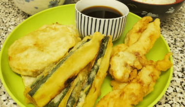 It's tempura night! Sweet potato, zucchini, and chicken (my vegetarian wife had mushrooms)