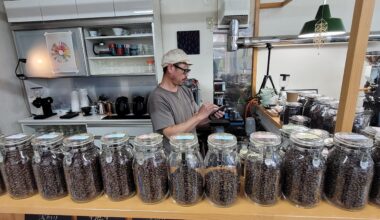 Definition of a micro-roaster. Ichino's Coffee on Iki Island, Nagasaki Prefecture. As I walk in, he's roasting a batch and then serves me espresso made with his Rocket R58 + Eureka Mignon.