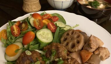 Homemade tsukune and nishime with miso soup, salad and rice 🍚