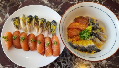 Saku-zuke Salmon nigiri & Saba nigiri & Chirashi-don with Saku-zuke Salmon, Saba & Kazunoko