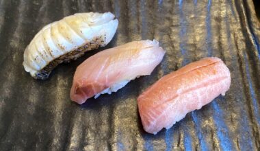 Small nigiri sampler I made for my gf to have feed back on the flavors. Madai, Shima Aji and Otoro