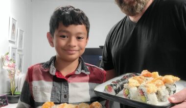 My son and I tried making sushi together for the first time! We learned a lot - we used too much rice, our ingredient portions were too big and we learned our knives are not sharp, lol. But it was fun and it tasted great!