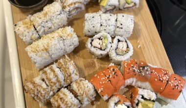 Made sushi with the Mrs. again. Finally getting the hang of it I think. The rice cooking is the most difficult for me to execute well.