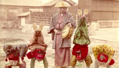 Acrobats in Japan, around 1900