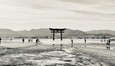 Itsukushima Shrine floating torii gate. Low and mid-tide