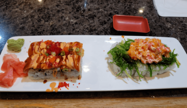 The chefs special on the left. The volcano roll on the right