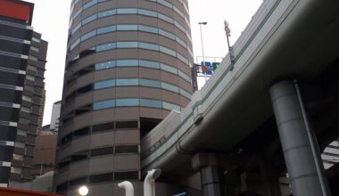 Trainline going through a building in Osaka