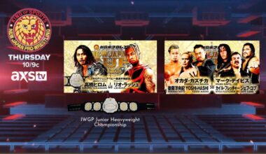 NJPW on AXS TV Thurs card 10pm Hiromu Vs Lio IWGP Junior Hvwy title. Okada & Bishamon Vs United Empire