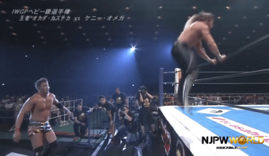 Kenny Omega hitting springboard moonsault to the outside at Dominion in 2017