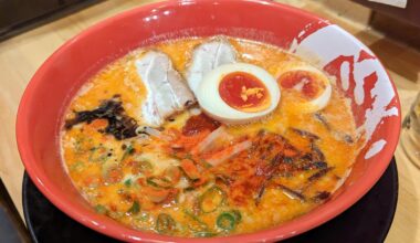 Spicy beef broth ramen in Shinsaibashi