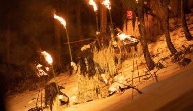 Namahage of Akita making their way down through a snowy forest to scare the kiddies