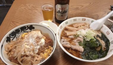 Katsu-don (pork cutlet bowl) and shoyu ramen at a local diner