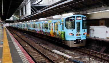 Train wrapped in Nintendo World design, JR Osaka Station