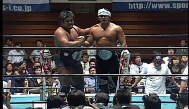 Hiroshi Tanahashi and Yutaka Yoshie vs Makai Club (Makai #4/Katsuyori Shibata and Makai #5/Mitsuya Nagai): IWGP Tag Team Championship match, New Japan Pro Wrestling - NJPW Summer Struggle, July 9, 2003