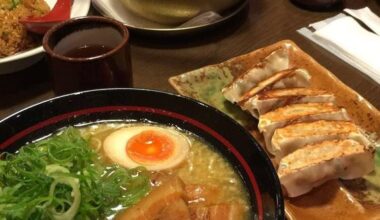 Satsuma ramen in Kyoto with gyoza (dumplings) and chilled green tea.