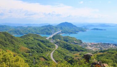 Looking down at the Shimanami Kaido, one of the most beautiful roads in Japan, two years ago today (Hiroshima-ken)