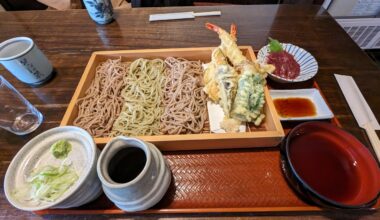 Exceptional Dinner in Nagano; Three Kinds of Soba, Tempura, and Can You Guess What the Dish on the Top Right of the Tray is?