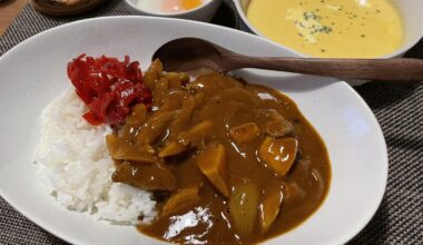 Beef & gobo curry rice with roasted corn potage and ontama