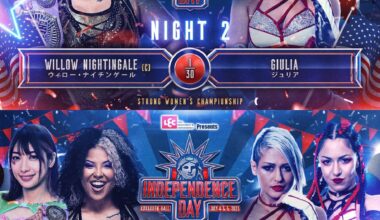 Willow Nightingale and Momo Kohgo of STARS will face Mafia Bella (Giulia & Thekla) of DDM on Independent Day Night 1 and Willow will defend the STRONG Women's Championship against Giulia on Night 2!