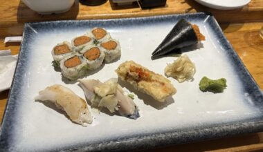 Sunday lunch! Spicy tuna rolls, spicy tuna hand roll, tempura salmon roll, mackerel & flounder nigiri and a Sapporo tallboy.