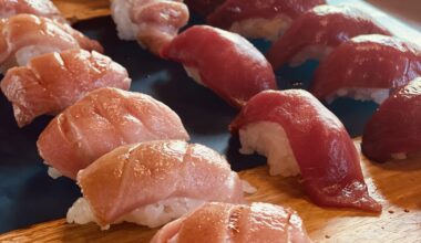 First time making nigiri. Toro and Akami with koshihikari rice.