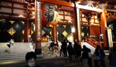 Night Shot of People Lining Up To Pray in Asakusa.