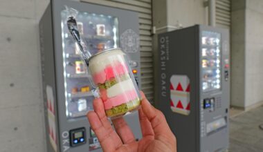 Just a cake in a can vending machine in Japan during cherry blossom